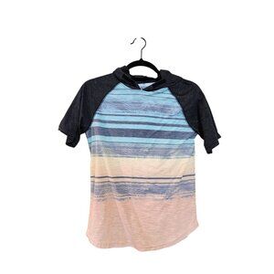 Rustic Blue Womens Medium Short Sleeve Striped Hoodie Shirt Multicolor With Dark